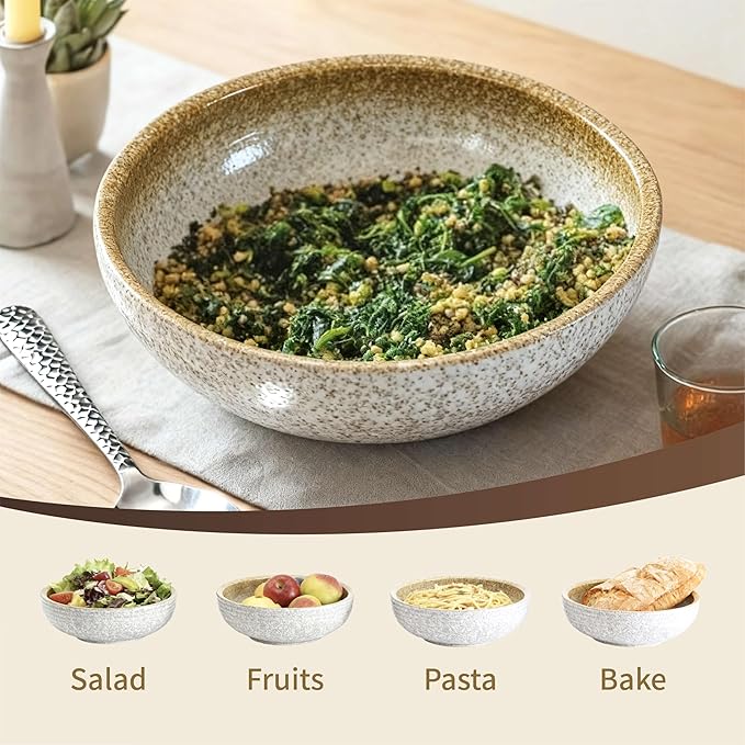 11.5-Inch Large Ceramic Salad Bowl Set – Speckled Stoneware with Stainless Steel Servers, Handcrafted Texture, Dishwasher Safe (Speckled Beige)