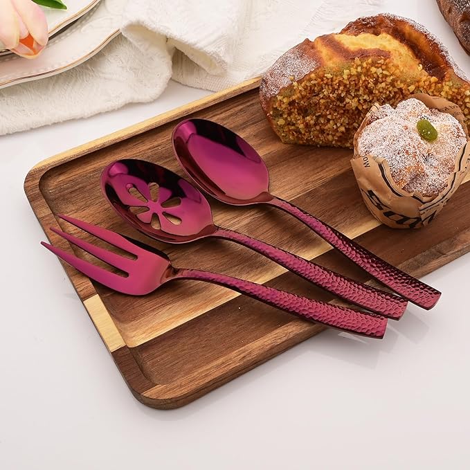 6 PCS Hammered Serving Utensils, Uniturcky Stainless Steel Serving Spoons Set, Square and Thick Hostess Serving Set, Includes 2 Serving Spoon 2 Serving Fork and 2 Slotted Spoon, Mirror Purple