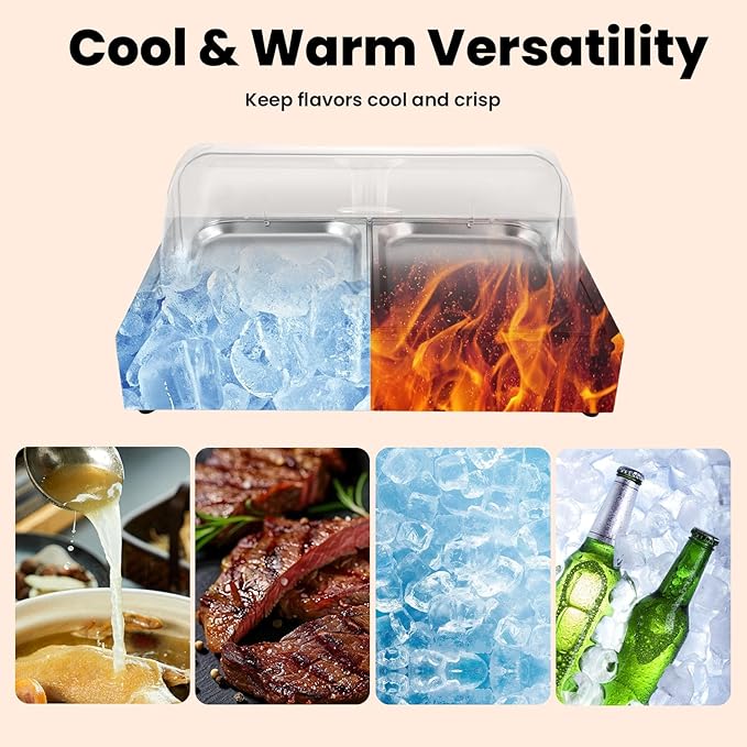 Ice Food Serving Display Tray, 3L 2 Pan Spice Display Salad Dressing Cooler Food Dishes Display Plate Case w/Clear Roll Top Cover for Outdoor Buffets Parties & Restaurant (Silver)