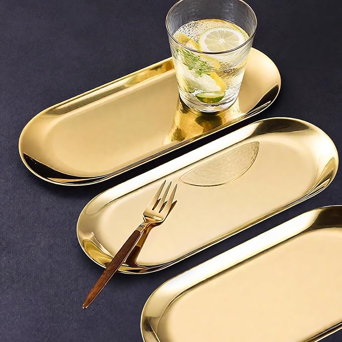 9x3.8Inch Gold Stainless Steel Decorative Tray, Oval Stainless Steel Small Serving Trays for Tea Fruit, Jewelry Plate, Decorative Storage Tray