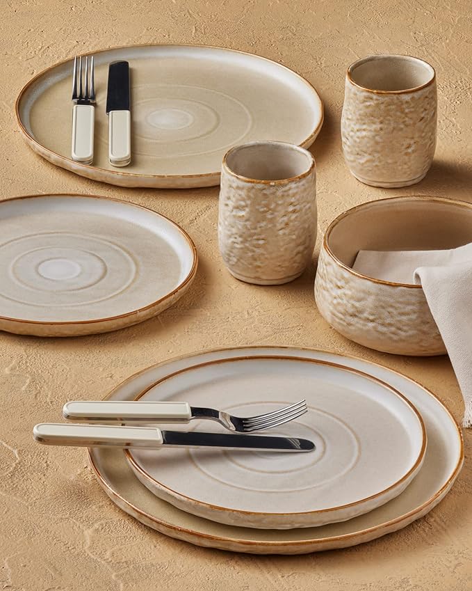 Stone by Mercer Project SHOSAI 16-Piece Stoneware Dinnerware Set, Plates and Bowls Set, Modern Dishware set fo 4, Sand