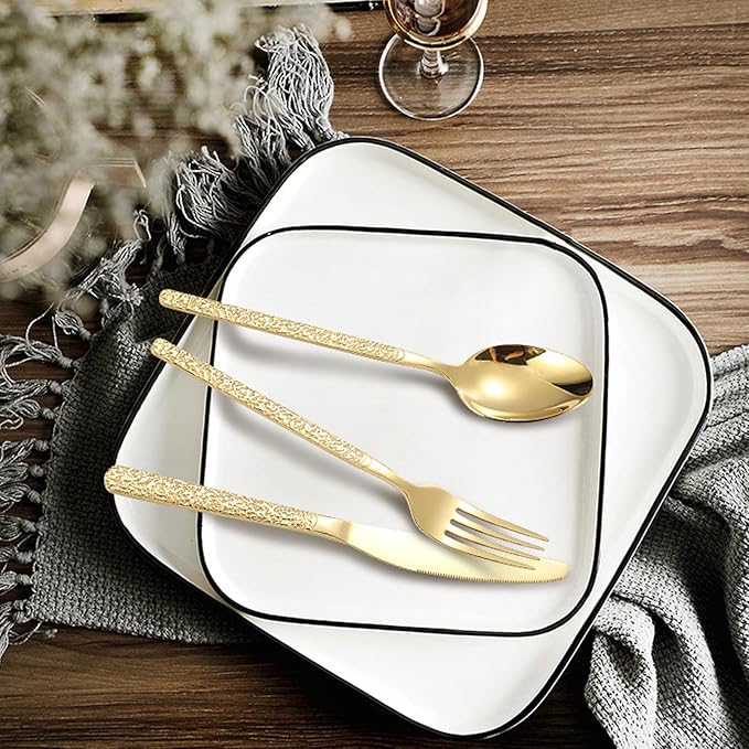 Pssopp 6 Piece Stainless Steel Cutlery Set, Serving Sets Forks Spoons for Restaurant Wedding Party Home (Stone Pattern Gold)