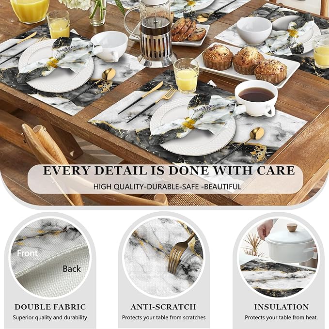 Mcalk 4 Each Black Marble Placemats and Cloth Napkins Set of 8, Modern Art Placemat, Marble Print Cloth Napkin for Home Kitchen Decor (Placemats 18 "x12 Napkins 18 "x18)