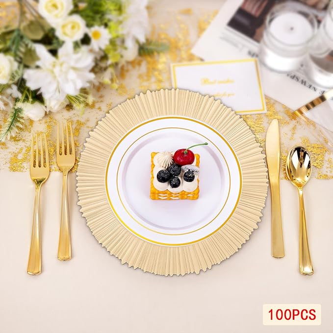 Gold Plastic Charger Plates Set of 100, 13” Reusable Party Chargers for Dinner Plates, Elegant Round Service Plate Chargers Bulk Decorative for Wedding, Catering Table Decor