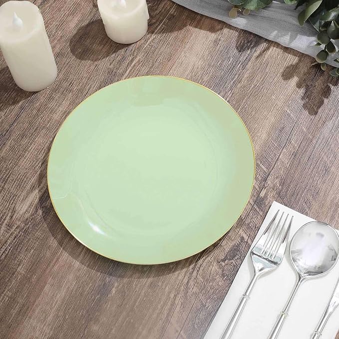 Efavormart 10 Pack | 8" Glossy Sage Green Round Plastic Dinner Plates With Gold Rim, Disposable Party Plates