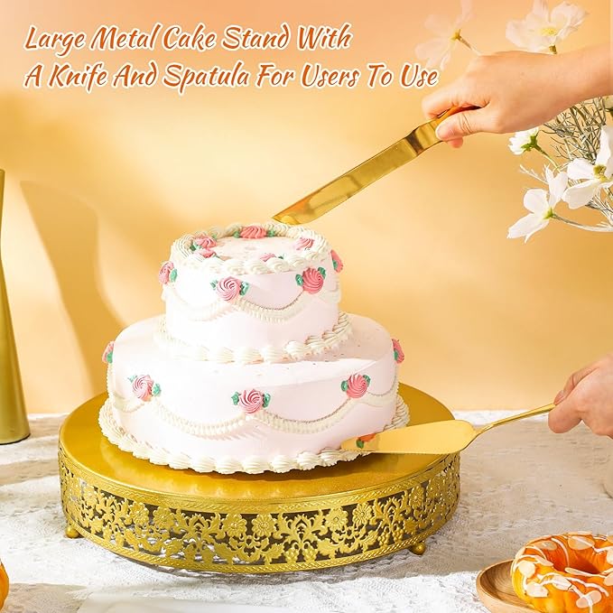 Wenqik 14 Inch Christmas Cake Stand Gold Metal Round Cupcake Dessert Stand with Cake Cutting, Spatula Xmas Cupcake Pastry Display Candy Holder Display for Xmas Wedding Birthday Party(flower, 14 Inch)