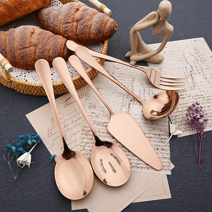 JASHII 25-Piece Fork Spoon Knife Silverware Set with Serving Utensils for 4, Food Grade Stainless Steel Flatware Cutlery Set for Home and Restaurant, Dishwasher Safe - Shiny Rose Gold