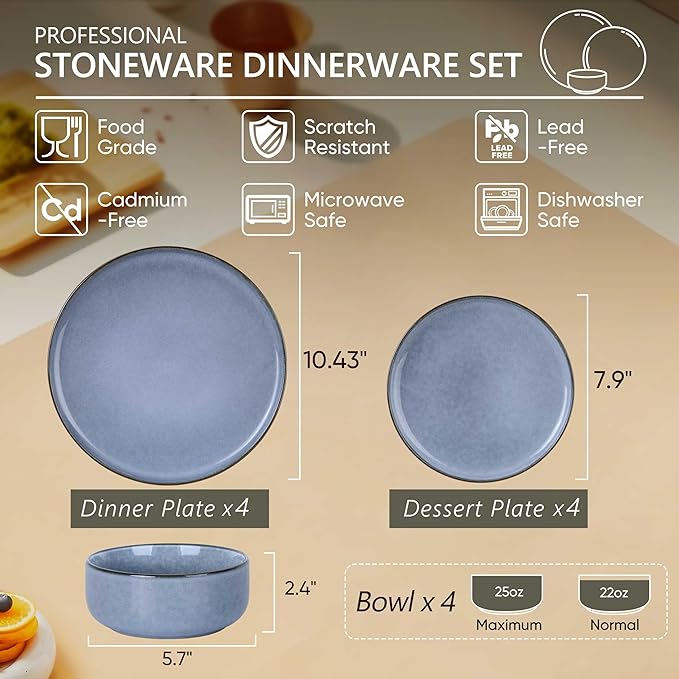 Herogo 12 Pieces Stoneware Dinnerware Sets Service for 4, Dinner Plates and Bowls Sets, Double Reactive Glaze Dishes Set for Kitchen, Scratch Resistant, Microwave & Dishwasher Safe, Haze Blue