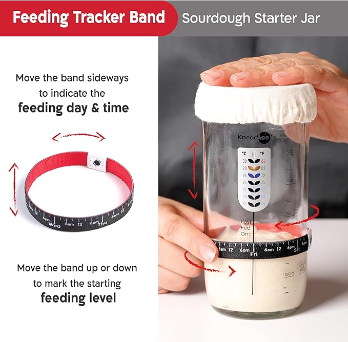 KneadAce Sourdough Starter Jar With Date Marked Feeding Band, Thermometer, Sourdough Jar Scraper, Sourdough Container Sewn Cloth Cover & Metal Lid, Sourdough Starter Kit