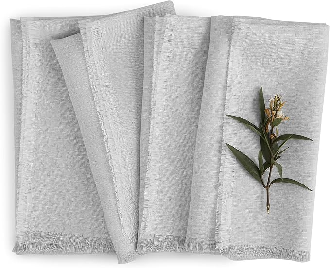 Solino Home Light Grey Linen Napkins Set of 4-100% Pure Linen Fringe Dinner Napkins 20 x 20 Inch for Christmas, New Year - Handcrafted and Machine Washable