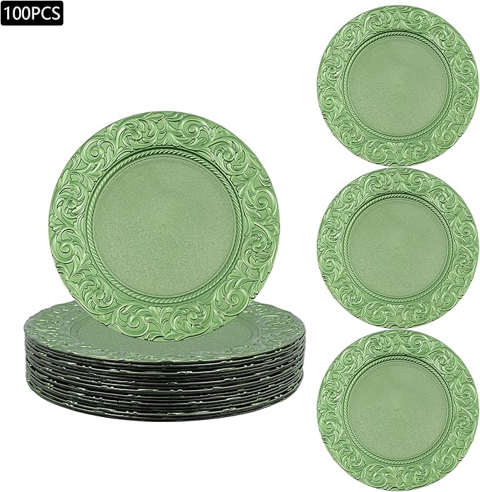 100 PCS Charger Plates Bulk, 13 Inch Embossed Rim Plastic Charger Plate Antique Round Service Plates Decorative Chargers Bulk for Table Setting Wedding Party Event(Green)