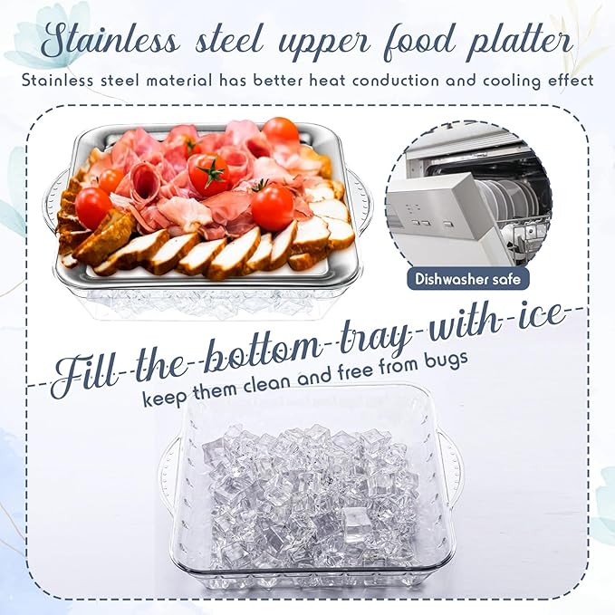 Baderke 9" Chilled Serving Tray for Christmas Parties Ice Chilled Party Platter Charcuterie Serving Board Cold Dish Dip with Forks Tongs for Fruit Seafood Vegetable Appetizer(Silver,2 Set)