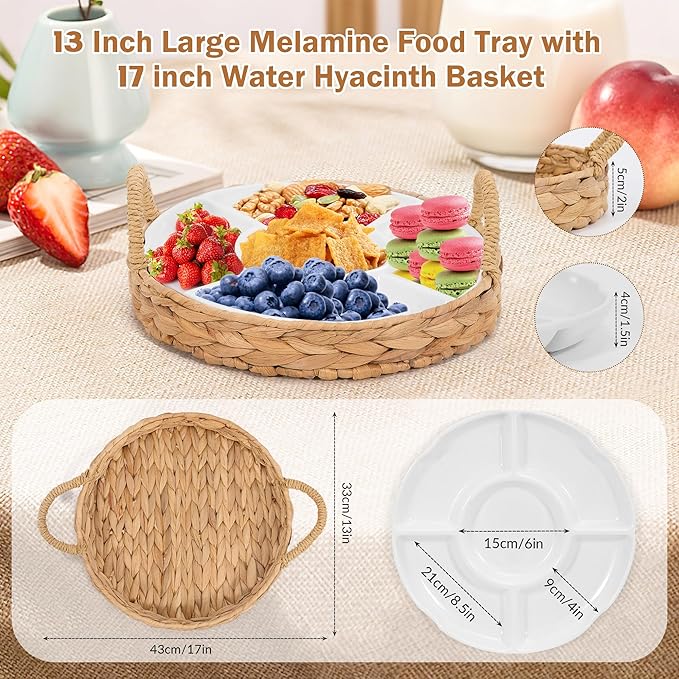 GENMOUS Chips and Dip Serving Tray, 13" Divided Serving Trays for Dips Candy, Water Hyacinth with 5 Sectional Melamine Appetizer Relish Trays for Parties