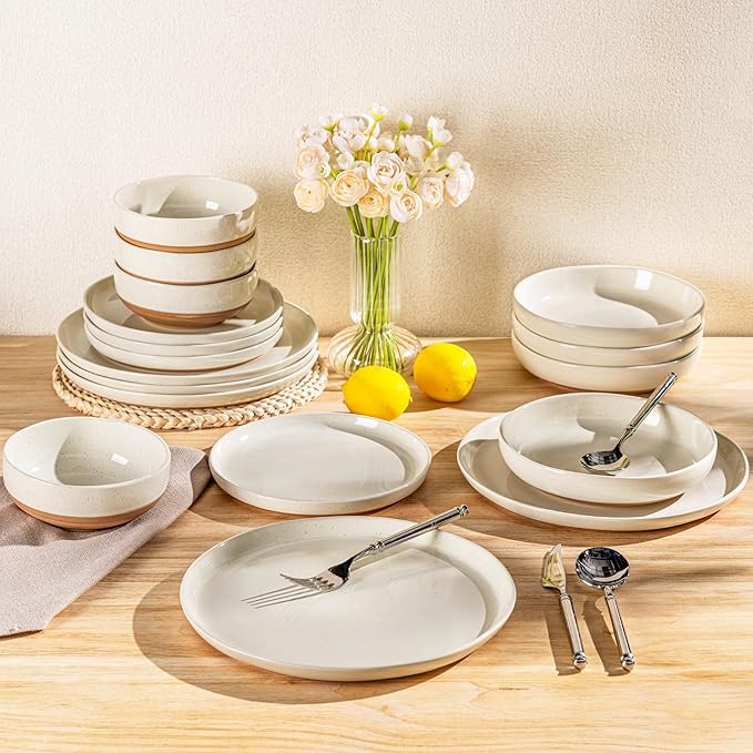 GBHOME 24-Piece Ceramic Dinnerware Set for 6, Handpainted Plates, Pasta Bowls & Bowls Set with Rustic Terracotta Underside, Scratch-Resistant, Dishwasher & Microwave Safe,Speckled Glaze Beige