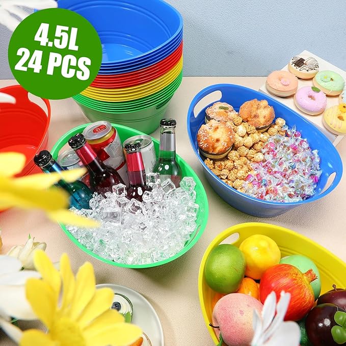 Norme 24 Pcs Oval Storage Tub with Handles 4.5L Plastic Ice Bucket, Wine, Beer, Champagne Drink Cooler for Parties, Beverage Storage Basket(Colorful)