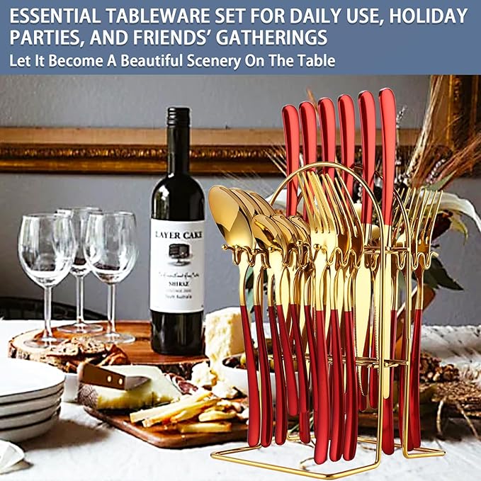 Caliamary 24 Pieces Silverware Set, Stainless Steel Flatware Set with Silverware Holder Spoons Forks Knives Set,Utensils Set Service for 6,Cutlery Set for Kitchen (Red), 9.6inch