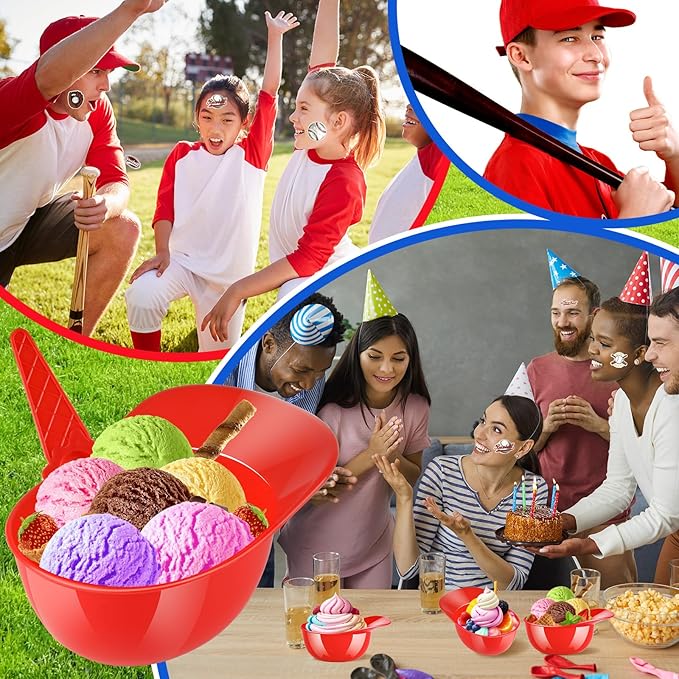 MEEZY 16 Set Baseball Helmet Ice Cream Bowls with 8 Mini Dessert Cups and 8 Spoons, 8oz Reusable Baseball Cap Snack Dessert Cup Bowls Baseball Party Favors for Kids Sports Birthday Party Supplies