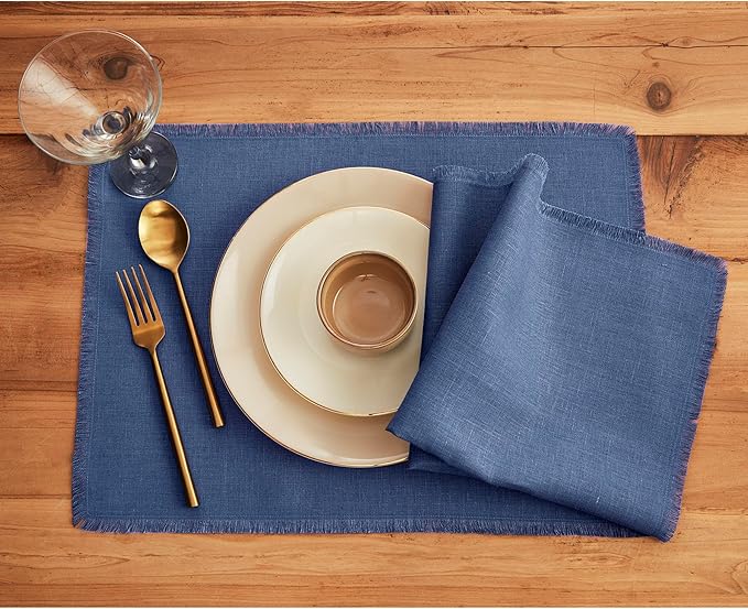 Solino Home Fringe Linen Cloth Napkins Set of 4-100% Pure Linen Vintage Blue Dinner Napkins 20 x 20 Inch - Handcrafted and Machine Washable