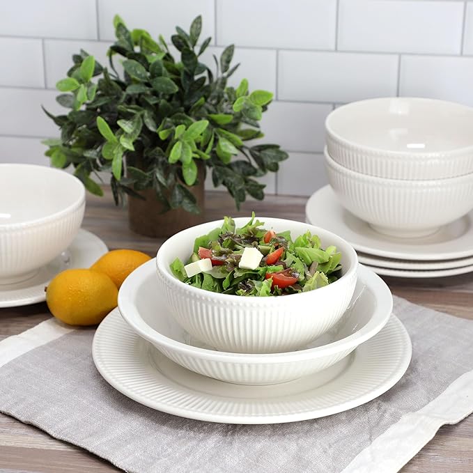 Elama Kate 16 Piece Textured Trim Double Bowl Porcelain White Dinnerware Set, Serveware, Tableware, Bowls, Plate Set (Kate)