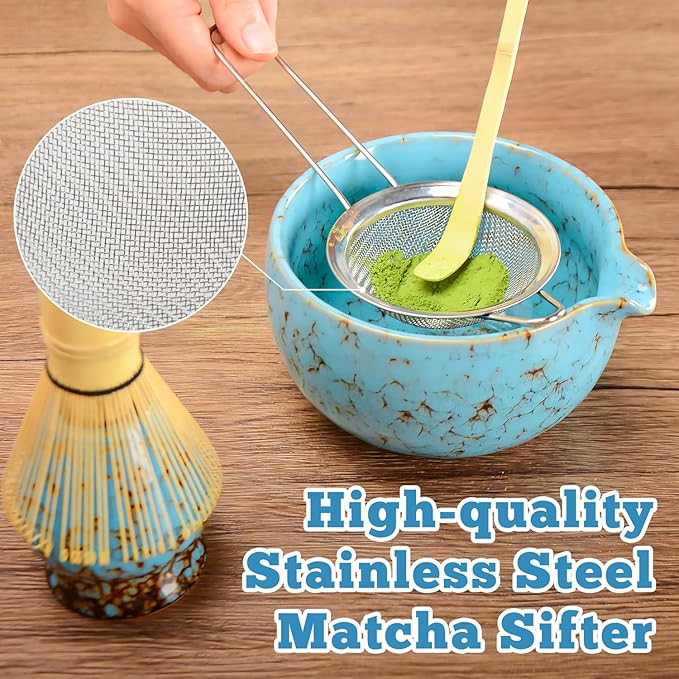 MONOJOY Matcha Whisk Set with Large Capacity Ceramic Matcha Bowl with Spout, Japanese Matcha Set with Matcha Bowl and Whisk, Holder and Stainless Steel Sifter, Matcha Kit for Matcha Lover Gifts, 4 PCS