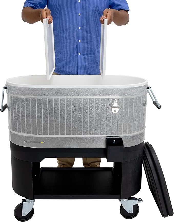 Permasteel Rolling Patio Cooler – Large Outdoor Ice Chest with Wheels, Beverage Cooler for Backyard, BBQ, Tailgate, Beach, Parties, Rustic Farmhouse Design