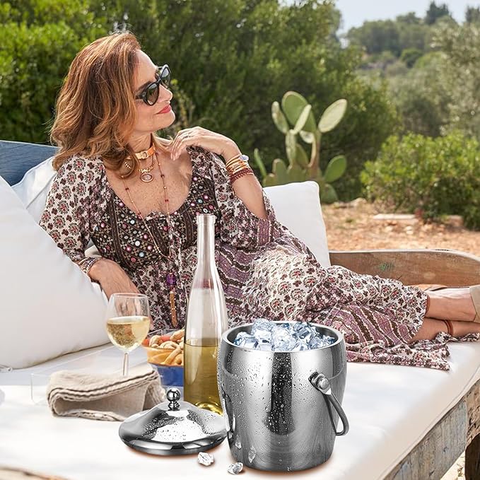 Ice Bucket Champagne Bucket with Tongs Scoop Lid, Double Wall Wine Bar Freezer Ice Bucket with Stand & Carrying Handle, Stainless Steel Mirror Bucket Champagne Bucket for Parties Bar Home,2L(Silver)