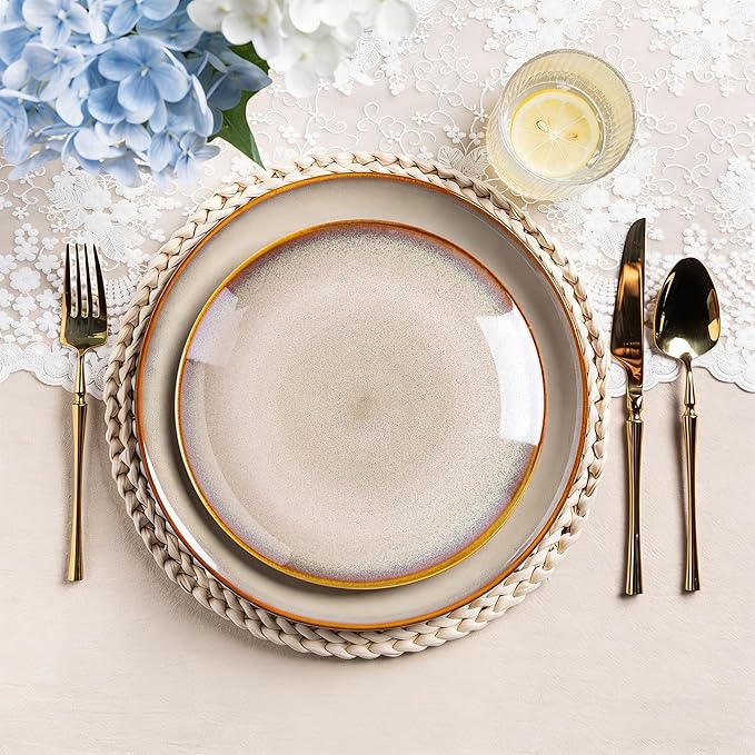 LERATIO Ceramic Dinner Plates Set of 6, 10.5 Inch Handmade Reactive Glaze Porcelain Plates, Coupe Shape Dinnerware Dishes Set for Kitchen,Oven& Microwave & Dishwasher Safe, Scratch Resistant-Kakhi