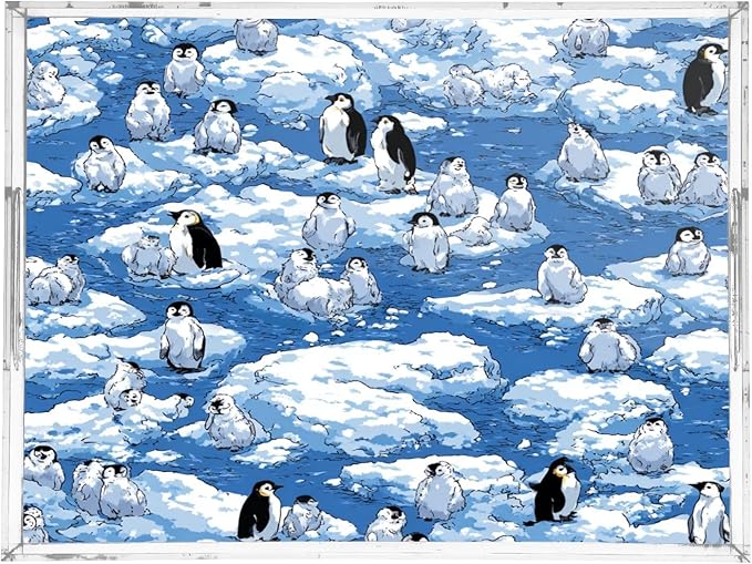 Serving Tray with Handles Clear Acrylic Tray 12x16 Inch Decorative Rectangular Tray Organizer for Ottoman Coffee Table Bathroom Blue Penguins Ice Floes Snow Water