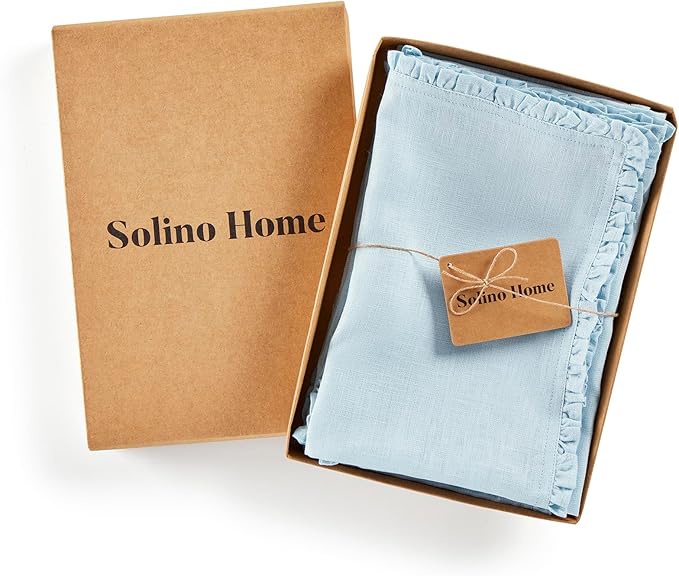 Solino Home Ice Water Linen Dinner Napkins 20 x 20 Inch - 100% Pure Linen Juliette Ruffle Cloth Napkins Set of 4 for Christmas, New Year - Handcrafted and Machine Washable