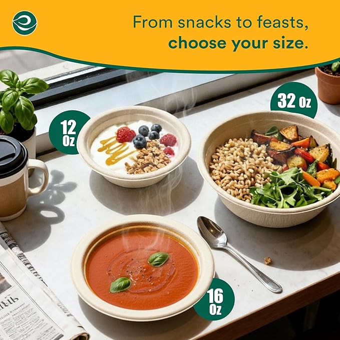 ECO SOUL 100% Compostable 16 Oz Soup Bowls [2 Packs of 100] Disposable Sturdy I Heavy Duty Paper I Eco-Friendly Salad Bowl I Biodegradable Large