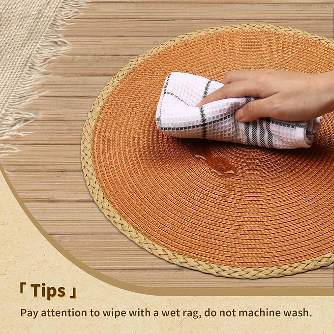 Noctiflorous Round Placemats Set of 6, 15 Inch Braided Hand Woven Table Mats, Heat Resistant Non-Slip Wipeable Thin Edge Place Mats for Kitchen Dining Indoor Outdoor Use(Orange, 6)