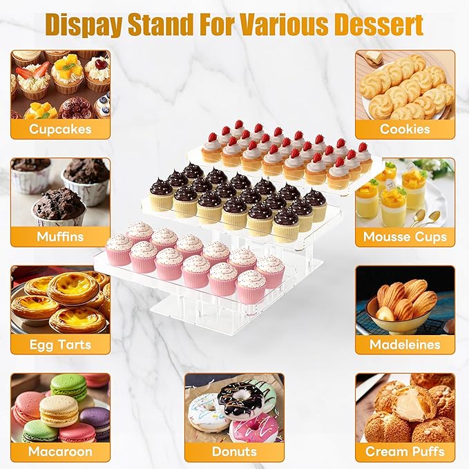 3 Tier Cupcake Stand, Transparent Acrylic Dessert Table Display Set, Adjustable Tiered Cupcake Holder Tower for Baking Serving on Weddings, Baby Showers, Birthday Party Buffet