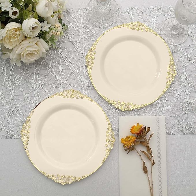 8" Salad Plates -Set of 20 - Plastic Ivory Round Baroque Disposable Chargers Leaf Embossed Rim, Ideal for Dinner Party Wedding Bulk Events