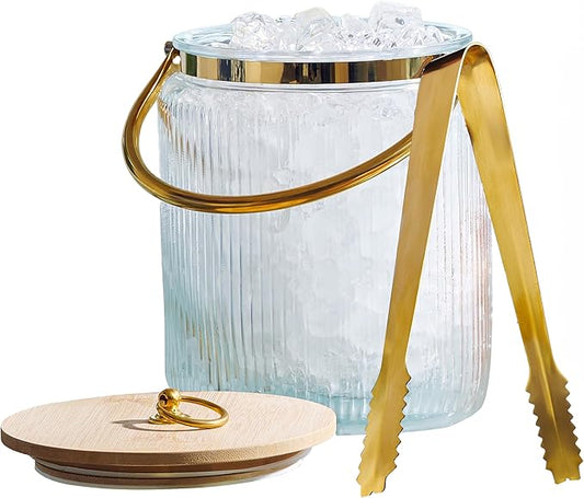 Le'raze Glass Ice Bucket with Airtight Lid, Tong Scooper and Handle - 3L Ribbed Beverage Tub Cocktail Home Bar Accessories, Wine, Beer Chiller for Parties, Champagne Drink Cooler Hinged Handles