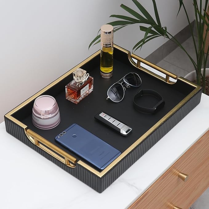 Wooden Structure Leather Decorative Coffee Table Square Tray, Farmhouse Counter PU Tray - Room Serving Trays, Brushed Champagne Gold Handle (Black)