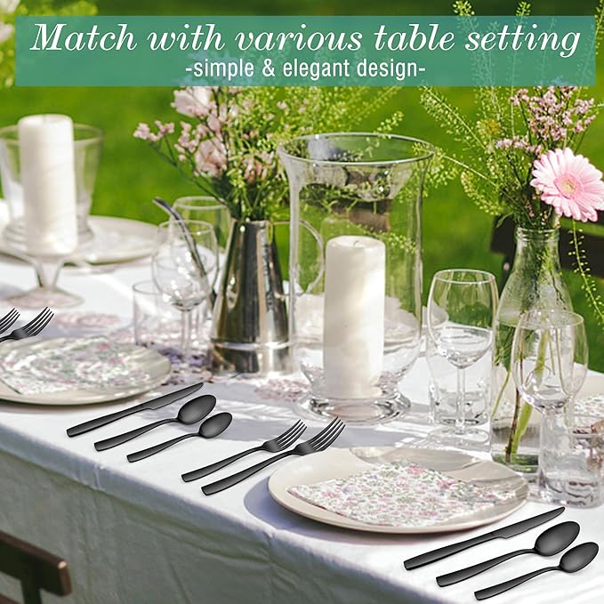 E-far Matte Black Silverware Set for 4, 20 Pieces Stainless Steel Flatware Eating Utensils Set for Home Kitchen Restaurant, Metal Forks Spoons and Knives with Square Handle for Wedding Dinner Party