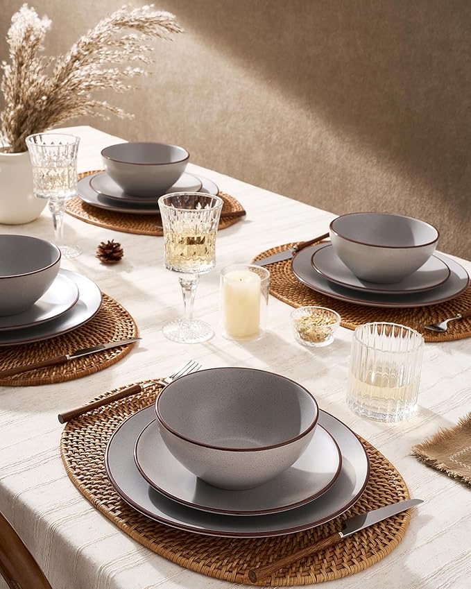 Famiware Venus Speckled Dinnerware Set with Pasta Bowls, Service for 6 (24 Pieces), Stoneware Plates and Double Bowls Sets, Microwave & Dishwasher-Safe Dishes with Trim, Matte Light Grey