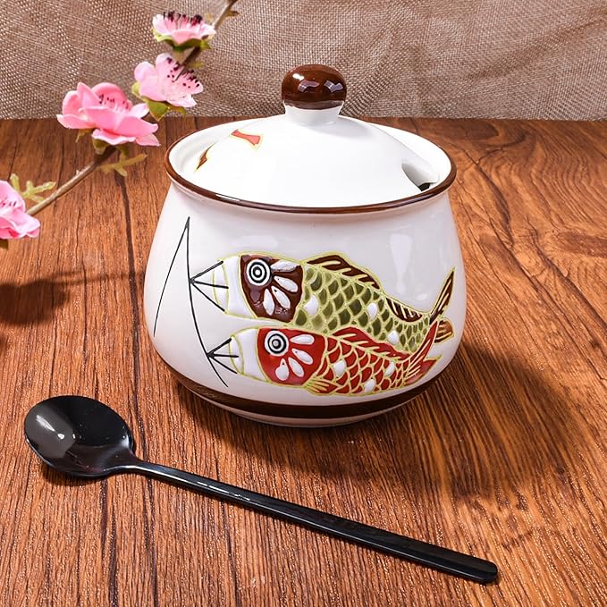 Ceramic Sugar Bowls with Spoon and Lid Porcelain Salt Container with Black Stainless Steel Spoon