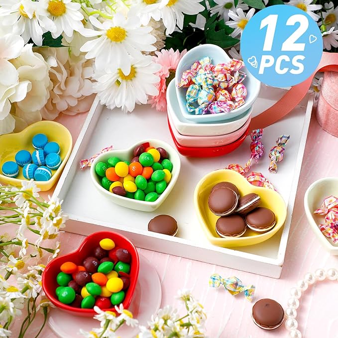 Zopeal 12 Pcs Heart Shaped Bowls Ceramic Dishes Heart Plates Multipurpose Salad Appetizer Plate Cooking Gift for Candy Sauce Sushi Dipping Serving Wedding Anniversary (Colorful)