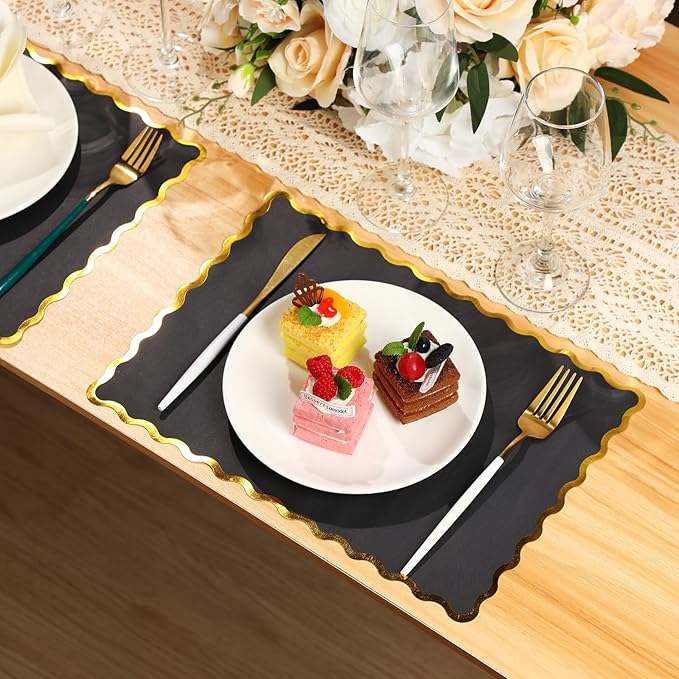150 Pcs Disposable Paper Placemats Bulk 10"x14" Rectangle Place Mats with Scalloped Edges Dining Table Mat for Wedding Birthday Easter Party Table Decoration(Black)