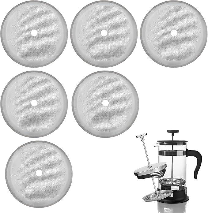 French Press Replacement Filters Stainless Steel Mesh Screen Universal 1000 ml, 34 Oz, 8 Cup Coffee & Tea Makers (6 PACK)