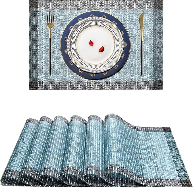Placemats,PlasticVinyl Washable Heat-Resistant Durable PVC Non-Slip Woven for Kitchen Dining Table Mats (Set of 6, Blue Silver)
