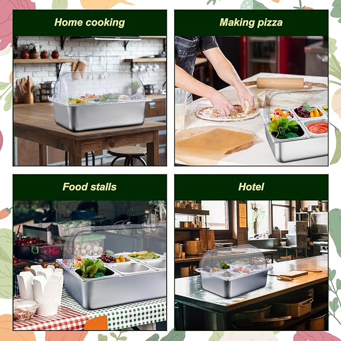 Tessco for you 16 Pcs Ice Food Spice Serving Display Countertop Chilled Condiment Container Set with Lid, Stainless Steel Salad Cold Caddy for Buffet Restaurant Kitchen Party(6 Compartments)