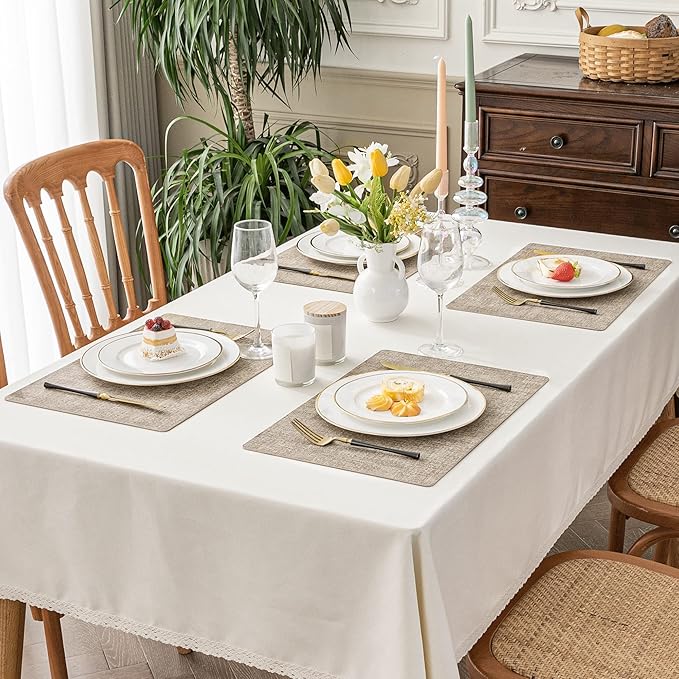 Romanstile Vinyl Placemats Set of 4-12 X 17 Inch - Faux Leather 100% Waterproof Oil-Proof Wipeable Place Mats, Heat Resistant Reversible PU Table Mats for Kitchen Dining Party Outdoor, Khaki