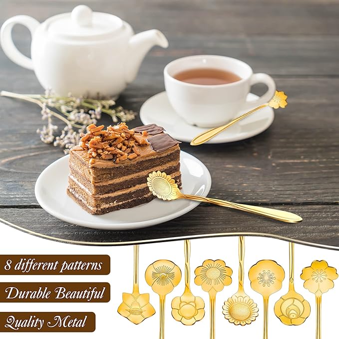 Eboot 160 Pcs Gold Flower Teaspoon Stainless Steel Tea Party Spoons Mini Cute Teaspoon Stirring Coffee Sugar Drink Demitasse Espresso Spoons for Bridal Baby Shower Wedding Party Favors Decorations