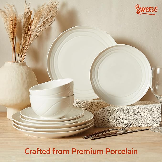 Sweese Porcelain Dinnerware Sets for 6, 18 Pieces Ceramic Plates and Bowls Sets, Handcrafted Minimalist Dinner Set, Chip and Scratch Resistant Dish Set, Dishwasher & Microwave Safe, White