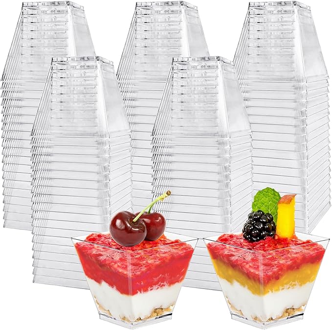 100 Pack 3.5 Oz Square Dessert Cups,Small Clear Square Plastic Tasting Cups,Disposable Square Clear Plastic Dessert Cups for Ice Cream,Candy,Salad,Jello,Appetizers,Mousse