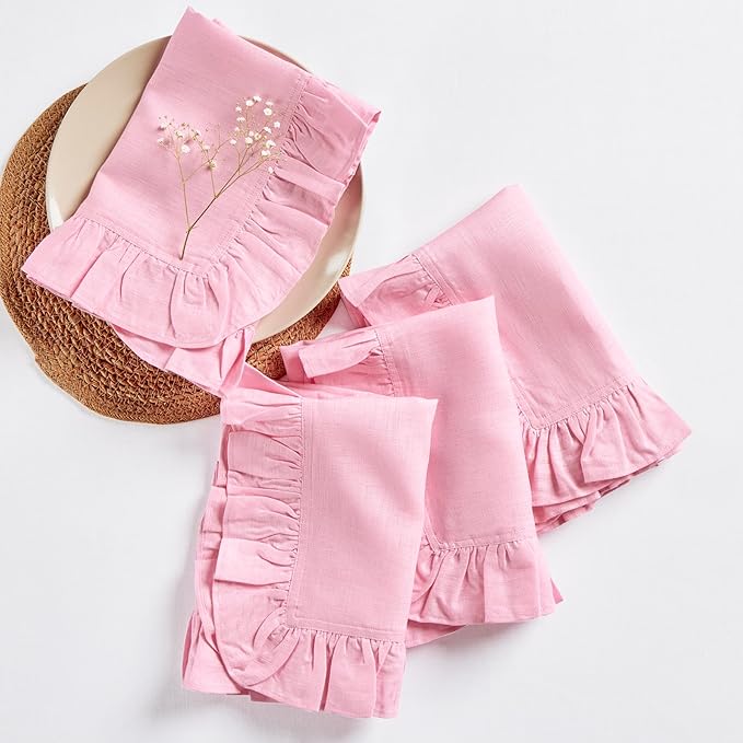 Solino Home Linen Ruffle Napkins Set of 4-100% Pure Linen Pink Lemonade Dinner Napkins Cloth 20 x 20 Inch for Christmas - Gabrielle Ruffle, Handcrafted and Machine Washable
