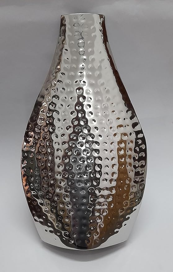 Contemporary Hammered Design - Narrow Neck - 17 x 8.25 Inch Polished Silver Tone Stainless Steel Flower Vase