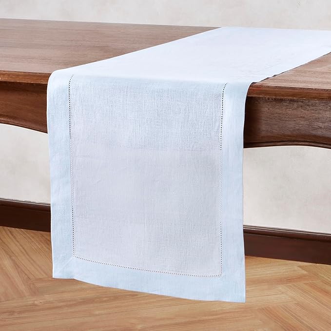 Home Ekaa Light Blue 100 % Pure Linen Table Runner 90 inches Long – Washable Hemstitch Table Runner 14x90 Inch for Everyday Decor, Christmas & New Year – Elara